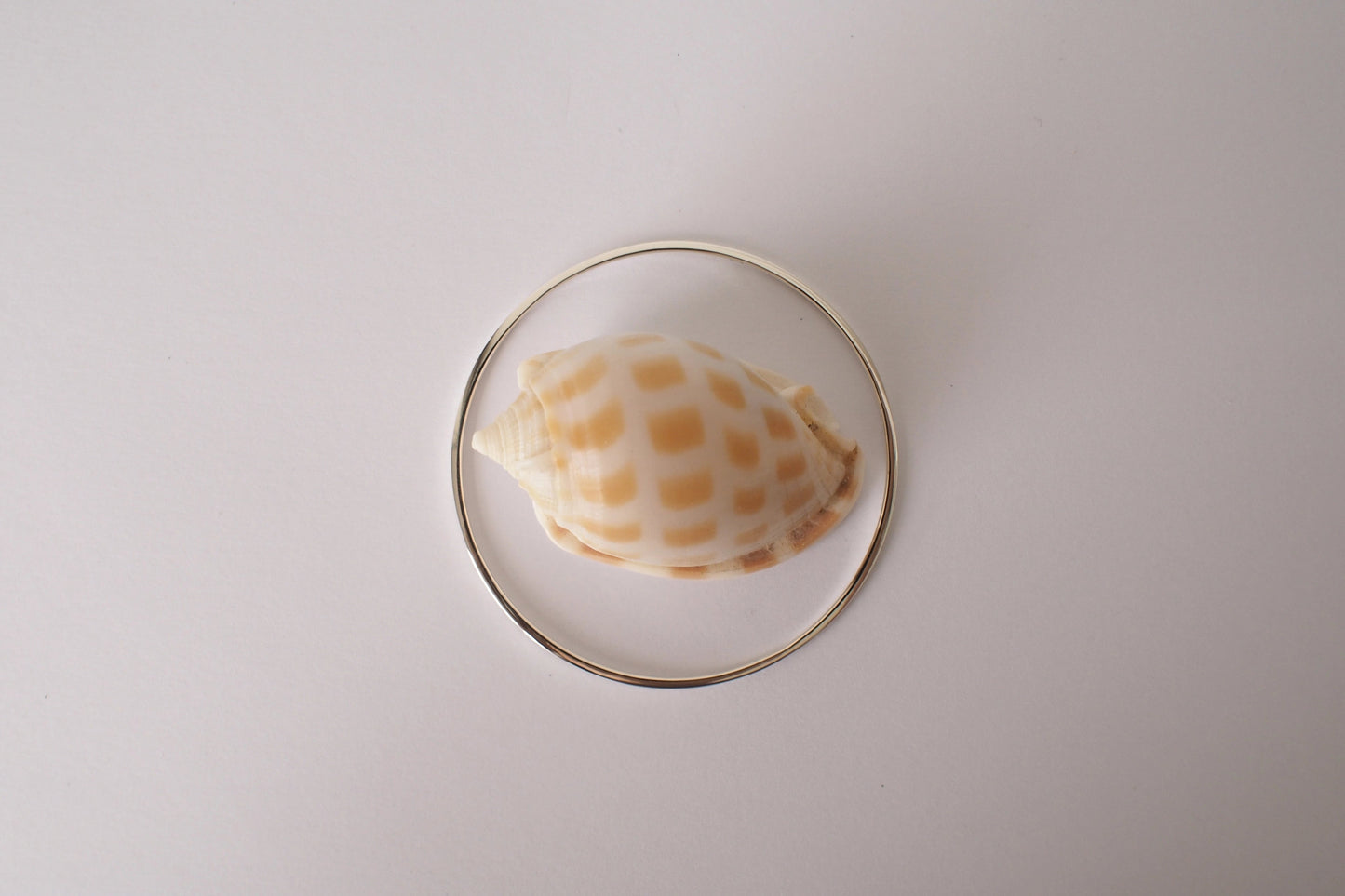 silver square bangle with a shell design on a white background